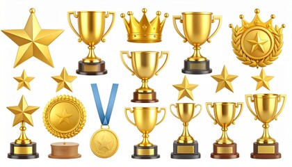 Awards 3d elements. Golden prizes and medals, cups and trophy. Isolated gold crown 