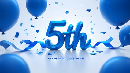 5th anniversary celebration with blue balloons and confetti isolated on white background, perfect for greeting cards, invitations, and festive designs