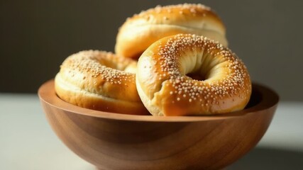 A traditional wooden bowl filled with freshly baked bagels topped with sesame seeds