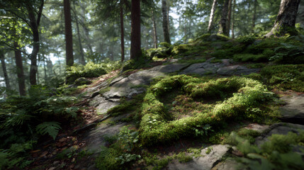 Mossy forest path in shape of heart under trees. Nature and love symbolism.
