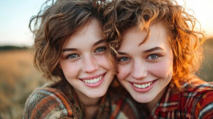 Obraz premium Two happy young women pose for a joyful photo, showcasing their beautiful smiles and connectivity while enjoying a lovely day outdoors in a field during golden hour.