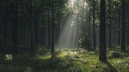 AI Generated - Lush green forest with sunbeams shining through the trees, illuminating the grass and plants on the ground. Professional stock photography for commercial use. High-resolution. Premium.