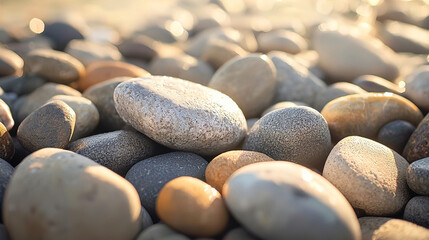 AI Generated - Pile of pebbles on the beach at sunset, with the background blurred to emphasize the stones. Professional stock photography for commercial use. High-resolution. Premium quality.