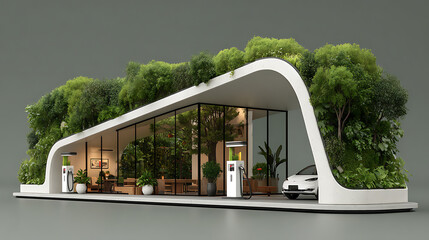 Eco friendly modern building with greenery and electric charging