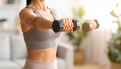 Woman exercising with dumbbells indoors
