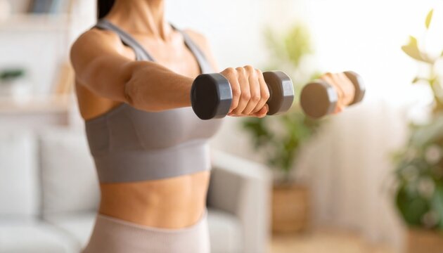 Woman exercising with dumbbells indoors