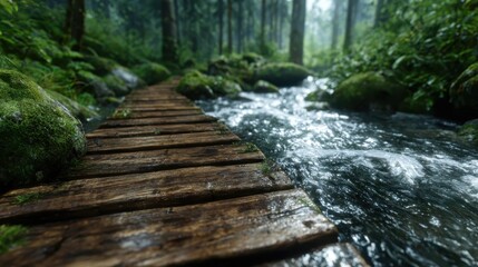 Obraz premium A serene forest scene featuring a wooden pathway alongside a flowing stream, surrounded by lush greenery, embodying tranquility and the beauty of nature.