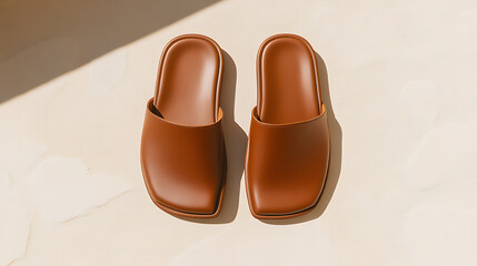 Fototapeta premium Stylish brown leather slippers, perfect for indoor comfort and a touch of elegance. Enjoy relaxation with these chic, minimalist slides.