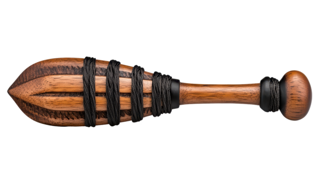 Intricately Carved Wooden Club with Dark Banding on Transparent Background