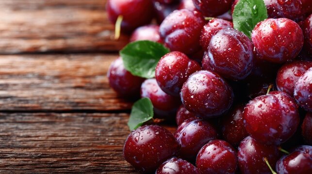 A vibrant pile of freshly washed red plums resting on a rustic wooden table, showcasing their natural shine and inviting freshness for fruit lovers and culinary uses. - Powered by Adobe