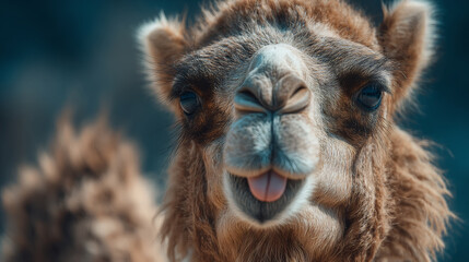 Obraz premium Camel sticking out tongue in desert landscape with bokeh 