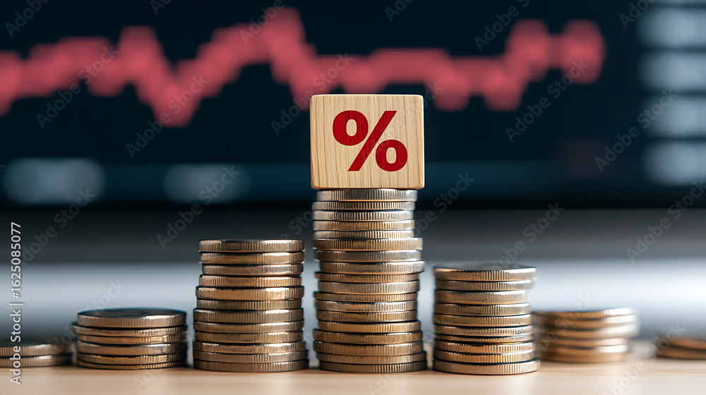 Poster interest rates impacting investment: coins and a percentage block in front of a red graph on a scree