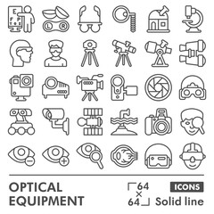 Optical equipment symbols collection or sketches. optics theme in line style signs for web and app. Vector graphics isolated on white background.