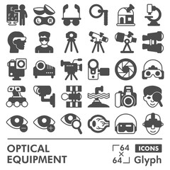 Optical equipment symbols collection or sketches. optics theme in glyph style signs for web and app. Vector graphics isolated on white background.
