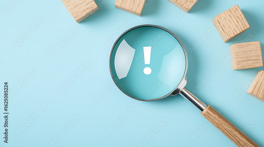Poster focus on the warning sign. magnifying glass on blue background with wooden blocks. risk analysis and