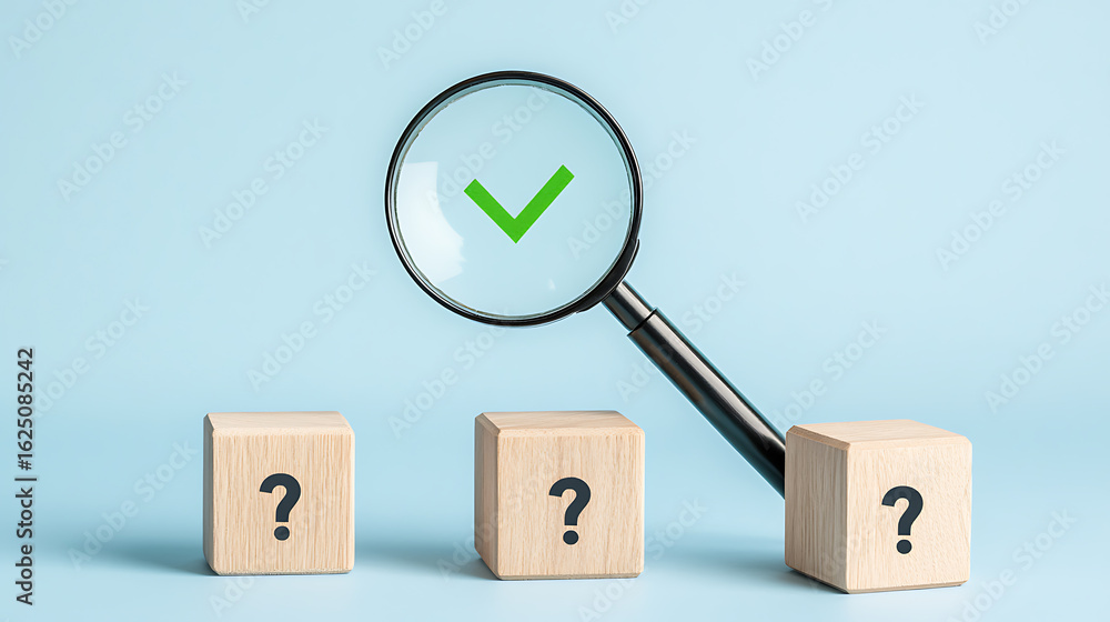 Poster examining unanswered questions: magnifying glass showing a green checkmark over wood blocks with que