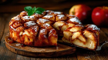 A beautifully crafted caramel apple cake, perfectly sliced to reveal juicy apple layers, resting on a rustic wooden board with fresh apples alongside, inviting and warm.