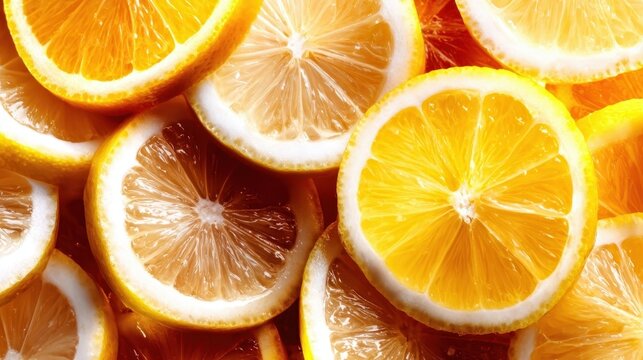 Juicy lemon slices showcase their vibrant yellow hues, capturing the essence of freshness and zest in this eye-catching and radiant composition.