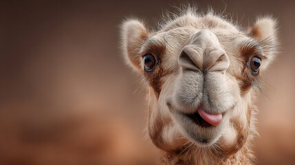 Fototapeta premium Camel portrait with tongue out and expressive face in warm lighting 