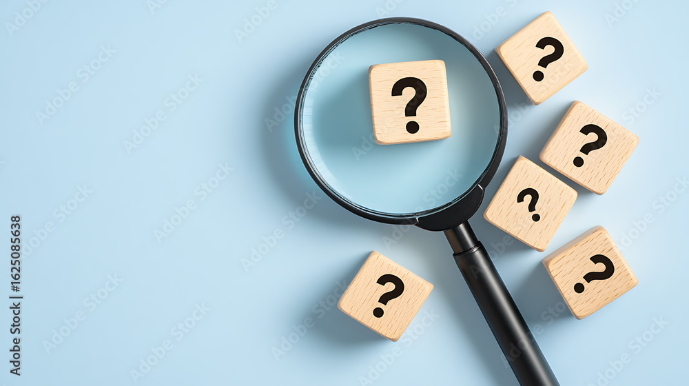 Poster exploring the unknown: magnifying glass focused on question mark blocks. uncertainty and inquiry are