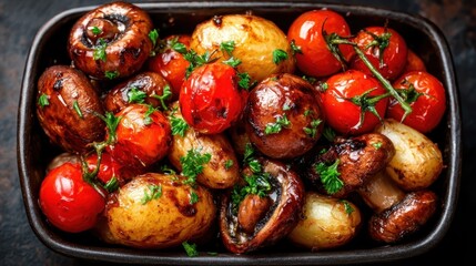 A vibrant bowl of roasted mushrooms, cherry tomatoes, and baby potatoes garnished with fresh herbs, perfectly illustrating a savory and healthy dish for every occasion.