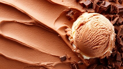 This image showcases a luscious scoop of chocolate ice cream, beautifully set against a rich chocolate background, highlighting the creamy texture and indulgent flavor.
