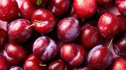 This close-up image features fresh, juicy plums with a glossy surface and droplets of water, accentuating their natural beauty and freshness that appeals to the senses.