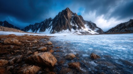 A breathtaking view of a snow-capped mountain against a dramatic sky showcasing nature's beauty, invoking feelings of adventure and exploration in the wilderness.