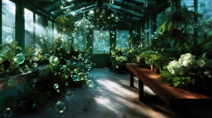 A magical greenhouse filled with lush greenery and floating bubbles, beautifully illuminated by sunlight, creating an enchanting atmosphere of growth and tranquility.