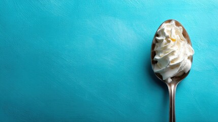 A beautifully styled spoon with a dollop of whipped cream sits against a vibrant blue background, showcasing the simplicity and elegance of this delightful topping.