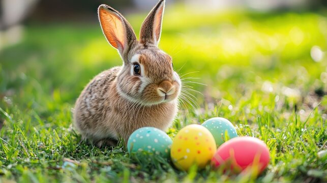 A brown rabbit with colorful Easter eggs on a grassy lawn.