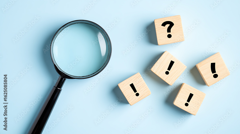 Poster inquiry and solutions: magnifying glass with question and exclamation mark blocks.