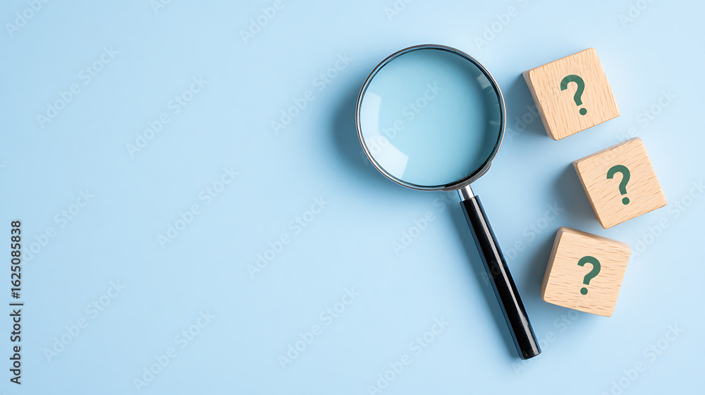 Poster examining unanswered questions: magnifying glass focuses on mystery. wooden blocks display question 