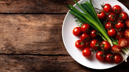 A rustic wooden plate filled with ripe cherry tomatoes and fresh green onions captures the essence of farm-to-table freshness, ideal for delightful culinary visuals.