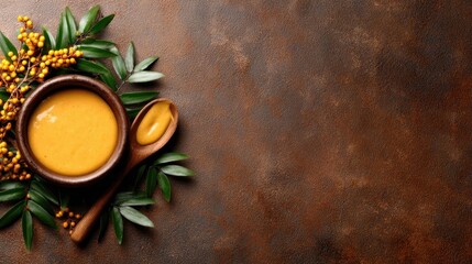 A rich and golden homemade sauce beautifully served in a rustic bowl, garnished with fresh leaves, ideal for adding flavor to gourmet dishes and culinary creations.