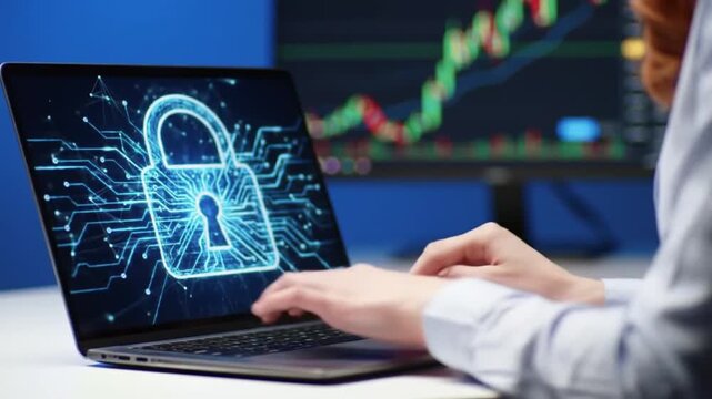 Cybersecurity Businesswoman typing on laptop displaying a digital padlock and circuit board design, stock market chart in the background. - Powered by Adobe