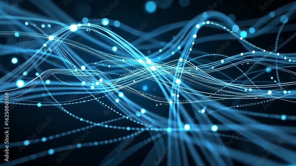 Poster futuristic digital data streams with glowing blue lines and particles