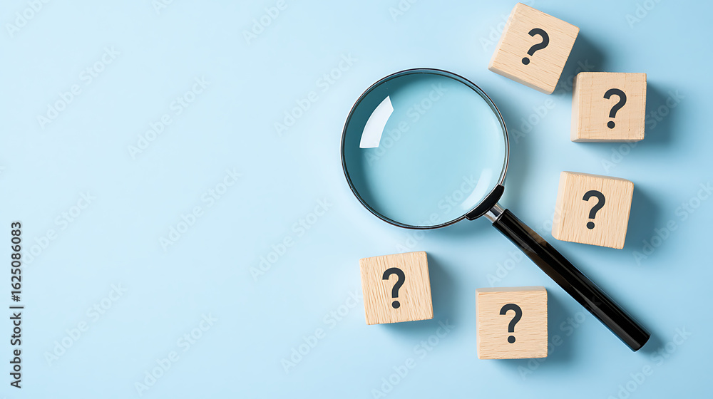 Poster magnifying glass over wooden blocks with question marks. representing questions, problem-solving, in