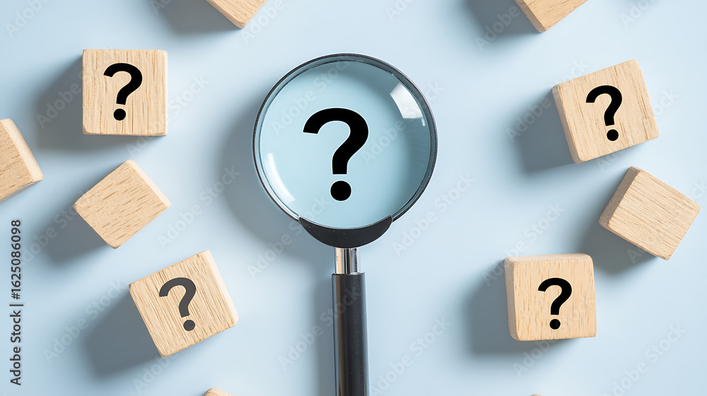 Poster question marks abound: a magnifying glass focuses on a central question mark, surrounded by wooden b