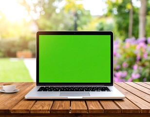 Modern workspace concept with a laptop and green screen on a wooden table in a beautiful garden setting.
