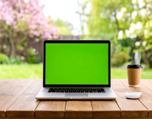 Laptop with a blank green screen on a wooden table outdoors in a spring garden with coffee. Mockup for remote work concept