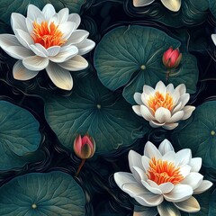 Water lilies flowers plants floral blooming botanical seamless pattern ornament design, tile