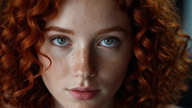 A close-up view of a woman's face with noticeable freckles