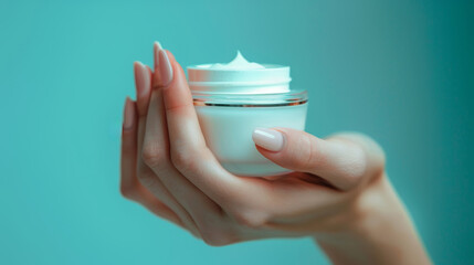closed up hand and cream jar. Beautiful woman applying skin care cream from white cream jar, Set for spa, skin care and body products and solutions for skin problems such as scars, acne, wrinkles.