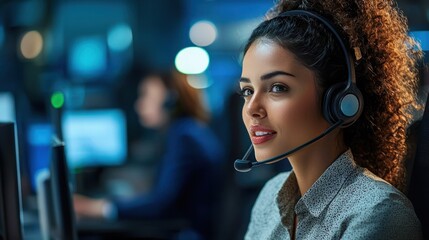 A young woman wearing a headset, working in a call center, with a diverse team in the background.