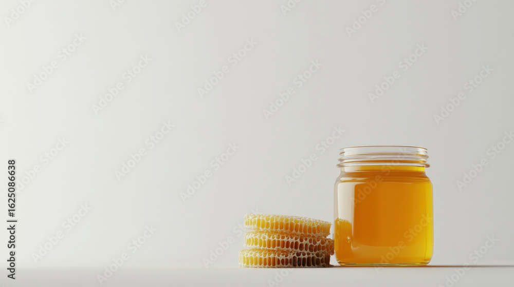 Poster honey in a jar and a stack of honeycomb, minimalist style. white background. ads style. with copy sp