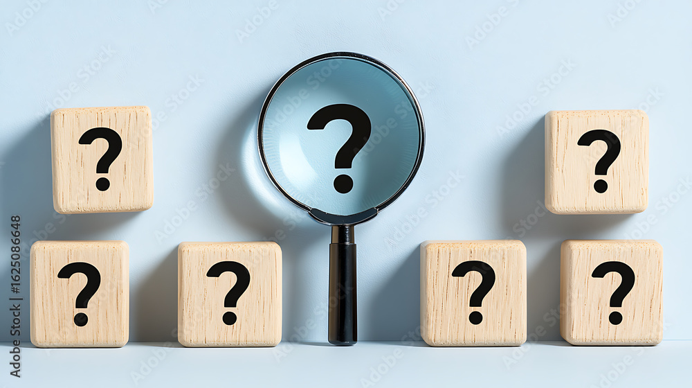 Poster question marks under scrutiny: wooden blocks symbolize uncertainty and the quest for answers, magnif