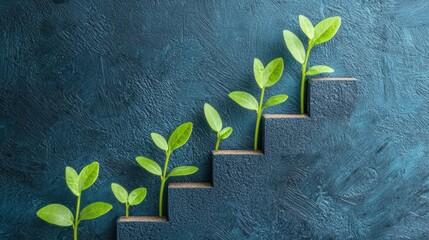 A blue, textured background with a staircase made of green leaves leading upwards.