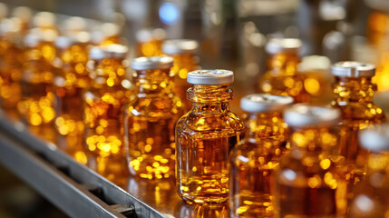 Medical vials on production line at pharmaceutical factory, Pharmaceutical machine working pharmaceutical glass bottles production line, health care, pandemic