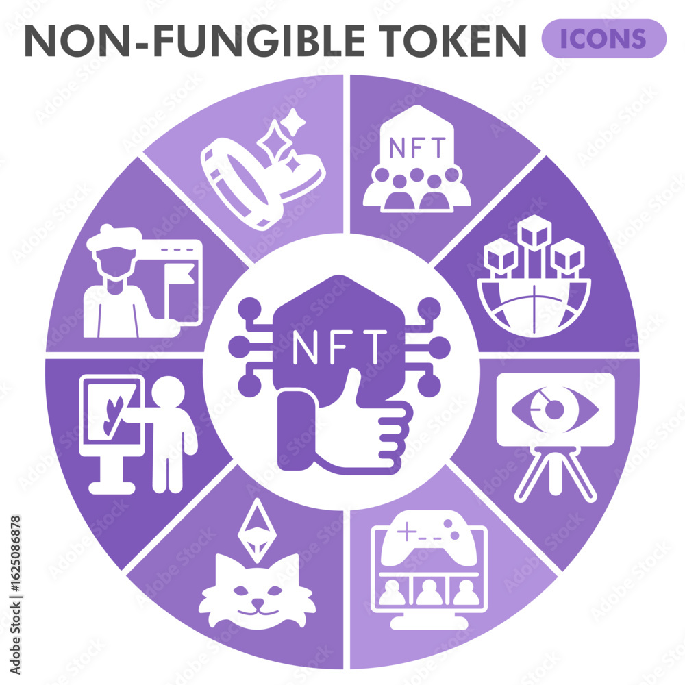 Aufkleber non fungible token symbols collection or sketches, nft theme glyph bubbles style signs for web and a